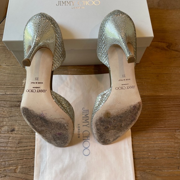 Sold : Jimmy Choo Logan Peep Toe Shimmer Metallic Champagne/Silver Heels (39 ) - Picture 5 of 15